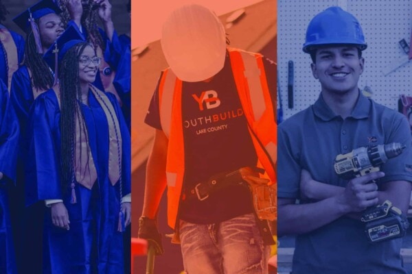 Three vertical panels show: a graduate in a cap and gown, a construction worker in a hard hat and vest, and a smiling person in a hard hat holding a power drill, representing different career paths.