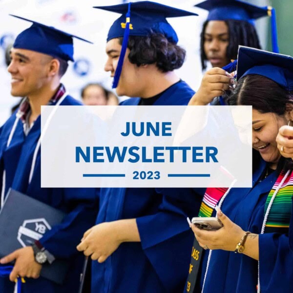 A group of graduates in blue caps and gowns smile and prepare for their ceremony. The text overlay reads June Newsletter 2023.