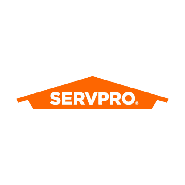 The SERVPRO logo features the brand name in white, bold letters inside an orange, house-shaped design on a light gray background.